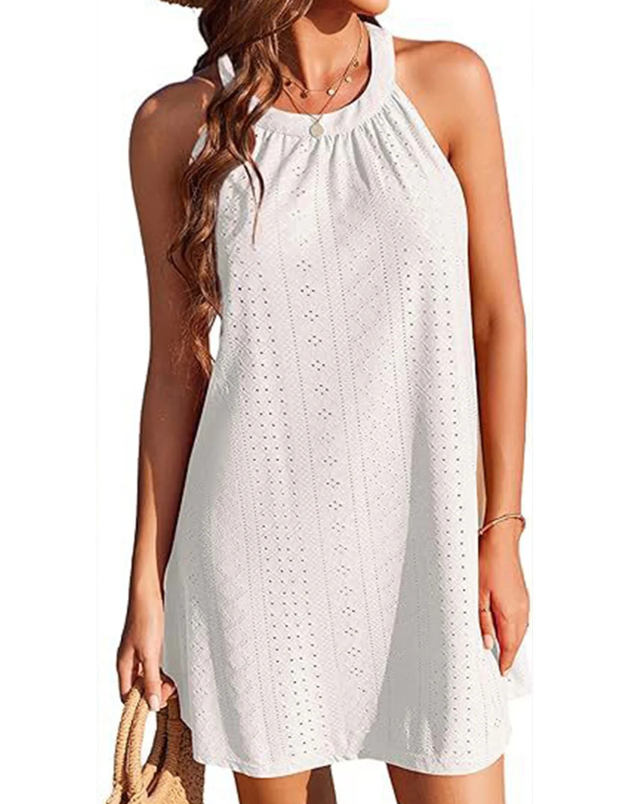 Women's Eyelet Swimsuit Cover Up Pleated Front Halter Dress Sleeveless Summer Beach Cover Up Sher... | Walmart (US)