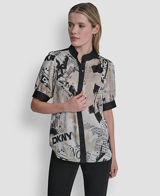 Women's Newspaper-Print Woven Blouse | Macy's
