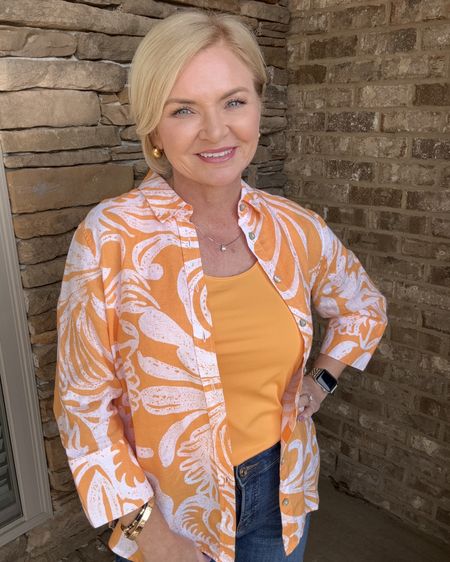 I am loving this fresh "mango sorbet" color in Chico's new Spring releases. It's a great way to brighten up your wardrobe!
The blouse is one of Chico's famous "No-Iron" linen shirts for easy care!  I'm wearing the shirt in size Small, jeans in 0 Petite. 

Petite
Jeans
Linen shirt
Cropped jeans
Spring outfit
Casual outfit
Chico's

#LTKover40 #LTKSeasonal #LTKstyletip