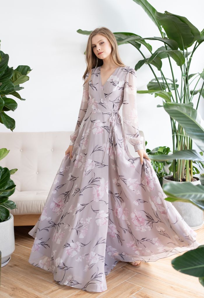 Stunning Lavender Floral Print Wrap Chiffon Maxi Dress | Chicwish