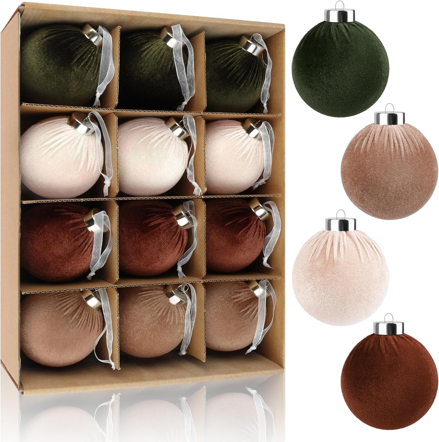 12 Pcs Christmas Tree Ornaments Set - Velvet Ornaments for Christmas Tree Decorations Xmas Ball Shatterproof Hanging Flocked Christmas Ball for Indoor Party Home Decor 3.15inch (Green Brown) | Amazon (US)