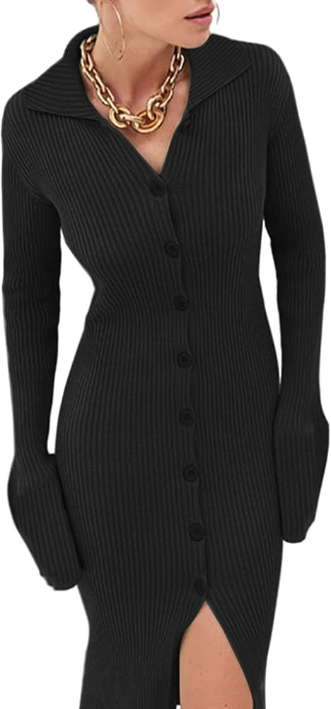 Sexyshine Women's Ribbed Knit Dress Button Down Lapel V Neck Collar Long Sleeve Bodycon Split Max... | Amazon (US)