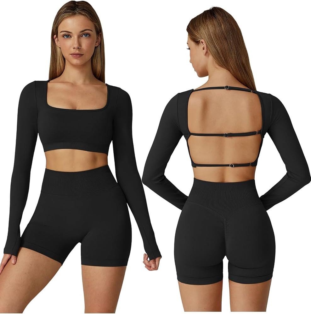ABOCIW Workout Sets for Women 2 Piece Seamless Long Sleeve Crop Top Scrunch Butt High Waisted Sho... | Amazon (US)