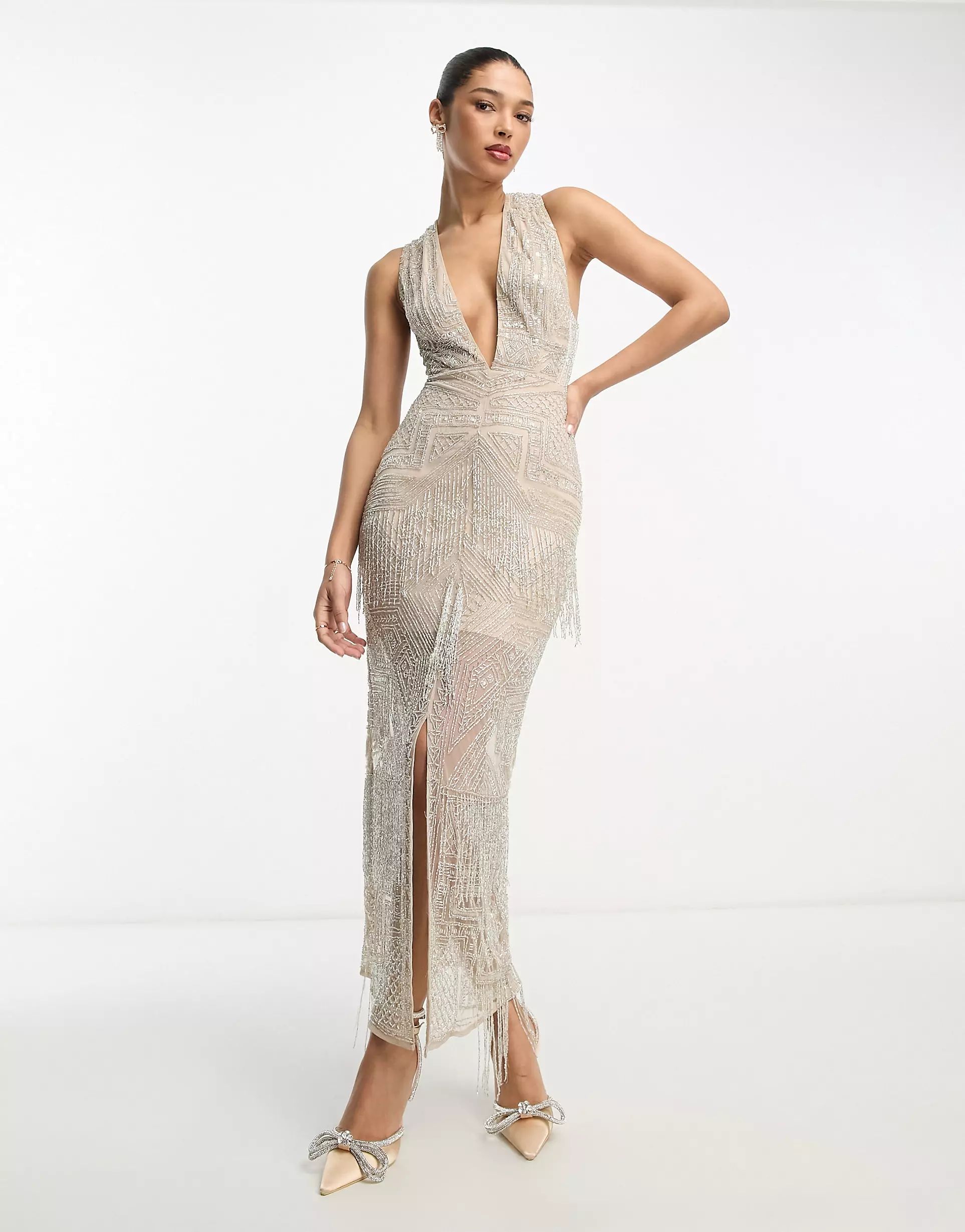 ASOS EDITION beaded fringe and sequin midi dress with cross back in pale gray | ASOS (Global)