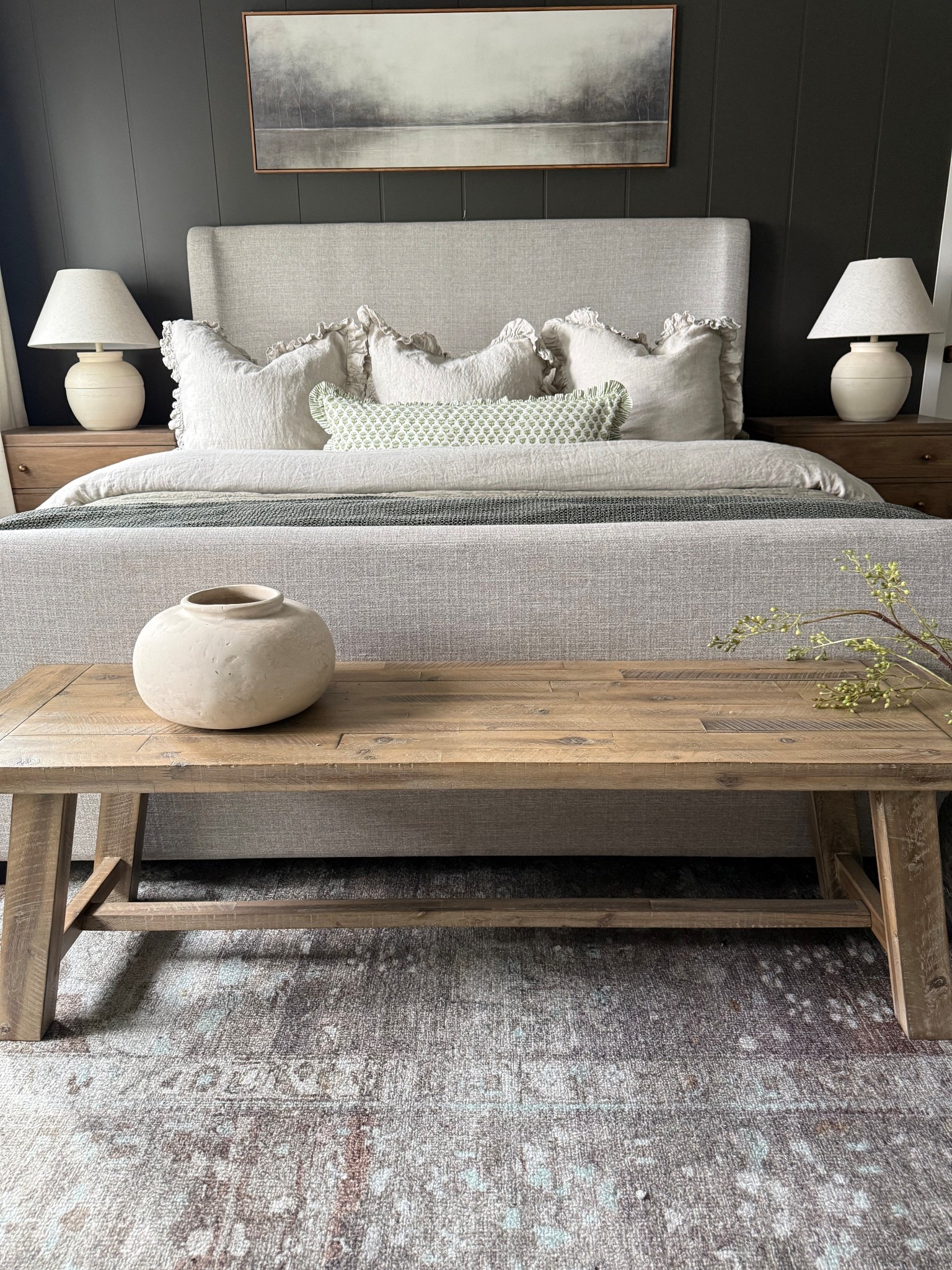 Neutral, relaxed and inviting. 
Starting to add some touches of Spring to the bedroom. Love these linen ruffled shams🤍