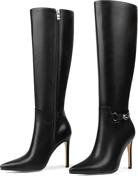 Women Knee High Boots Pointed Toe Stiletto Buckle Slouch Tall Boots | Amazon (US)