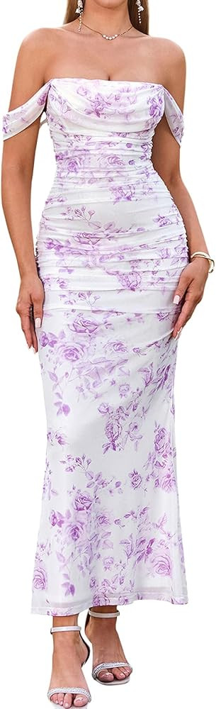 KUTUMAI Off The Shoulder Maxi Long Dress Corset Ruched Bodycon Cocktail Formal Wedding Guest Dres... | Amazon (US)