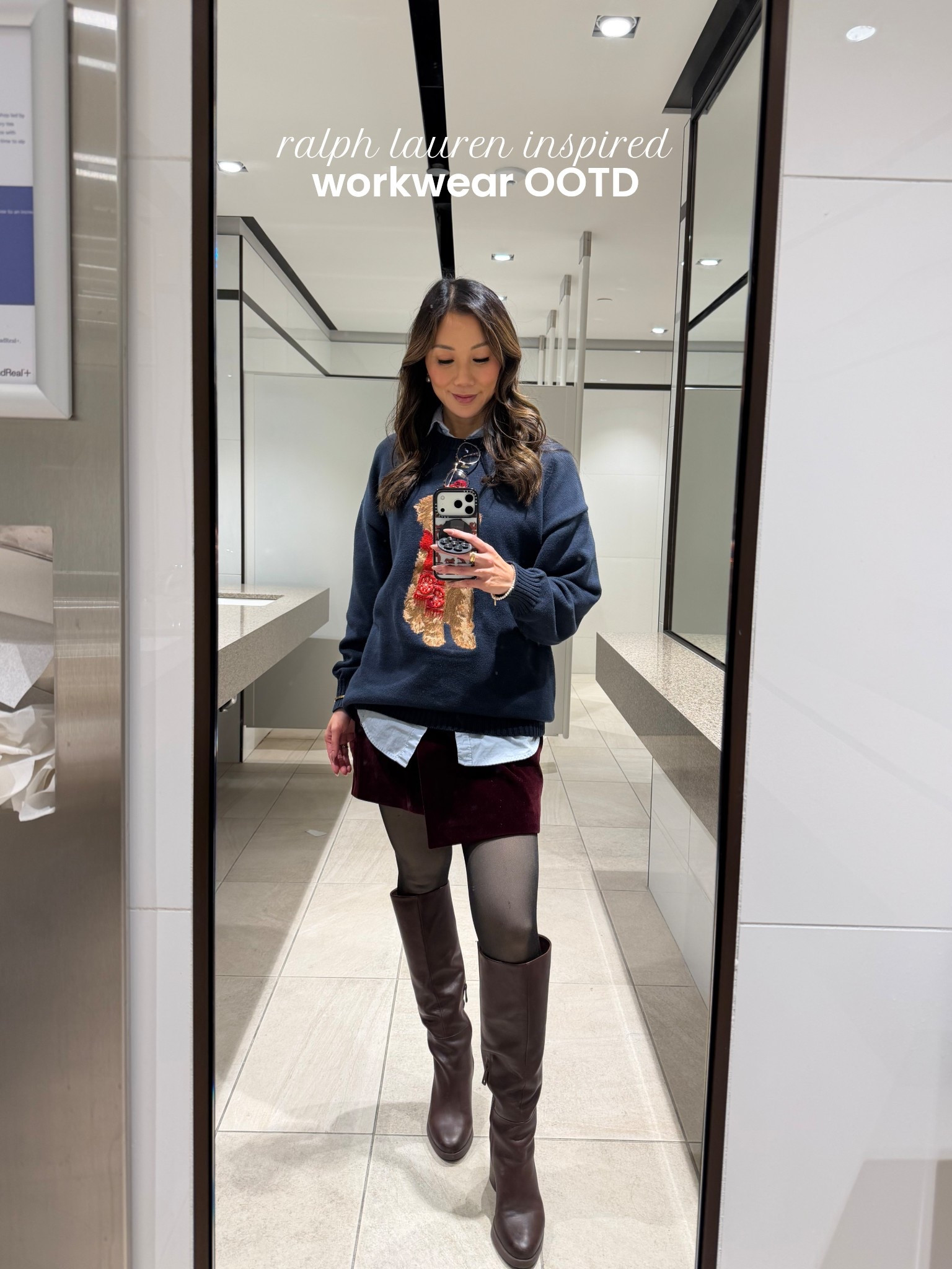 Ralph Lauren inspired workwear outfit. Casual and cute Office outfit for the winter with a cute doggy sweater from Aritzia and sold out. But I linked some similar options! Red velevt skirt from Commense with some knee-high boots from Naturalizer. Cute and fun and perfect for the holiday season! 

#LTKPetite #LTKWorkwear #LTKSeasonal