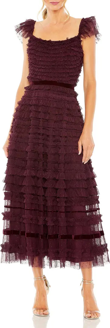 Mac Duggal Women's Ruffle Cap Sleeve Embellished Tiered Midi Dress | Nordstrom | Nordstrom