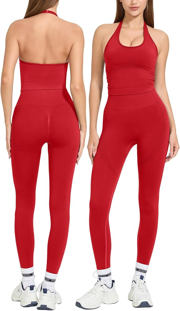 MOOSLOVER Women 2 Piece Workout Sets Halter Sports Bra Butt Lifting Leggings Gym Yoga Outfits | Amazon (US)