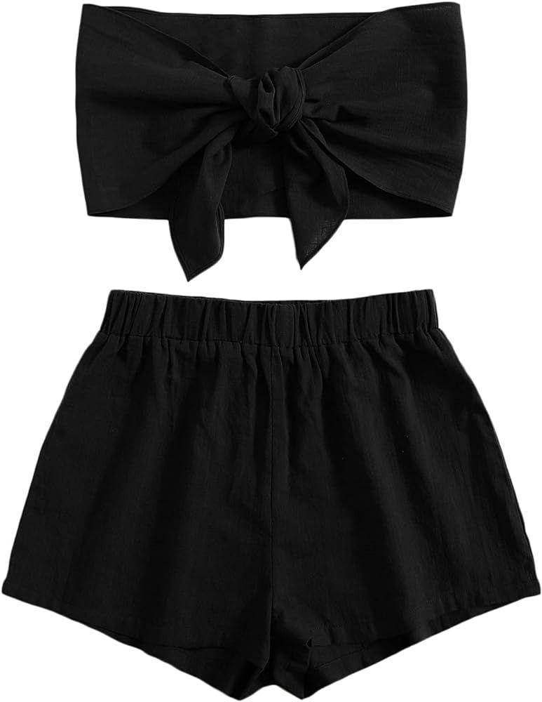 Amazon.com: Milumia Women 2PCS Outfit Shorts Set Knot Front Crop Tube Top Bandeau Top Elastic Wai... | Amazon (US)