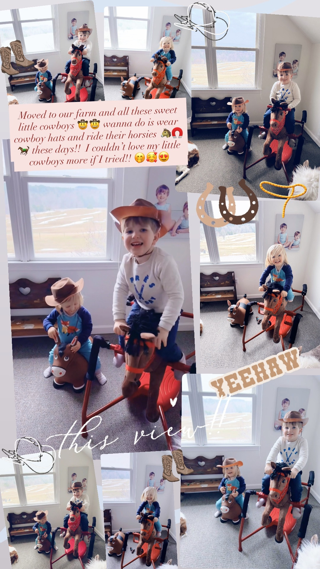 Moved to our farm and all these sweet little cowboys 🤠🤠 wanna do is wear cowboy hats and ride their horsies 🐴🧲🐎 these days!!  I couldn’t love my little cowboys more if I tried!! 🤭🥰😍