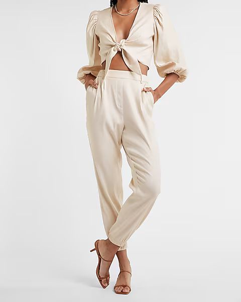 High Waisted Linen-Blend Pull-On Ankle Pant | Express