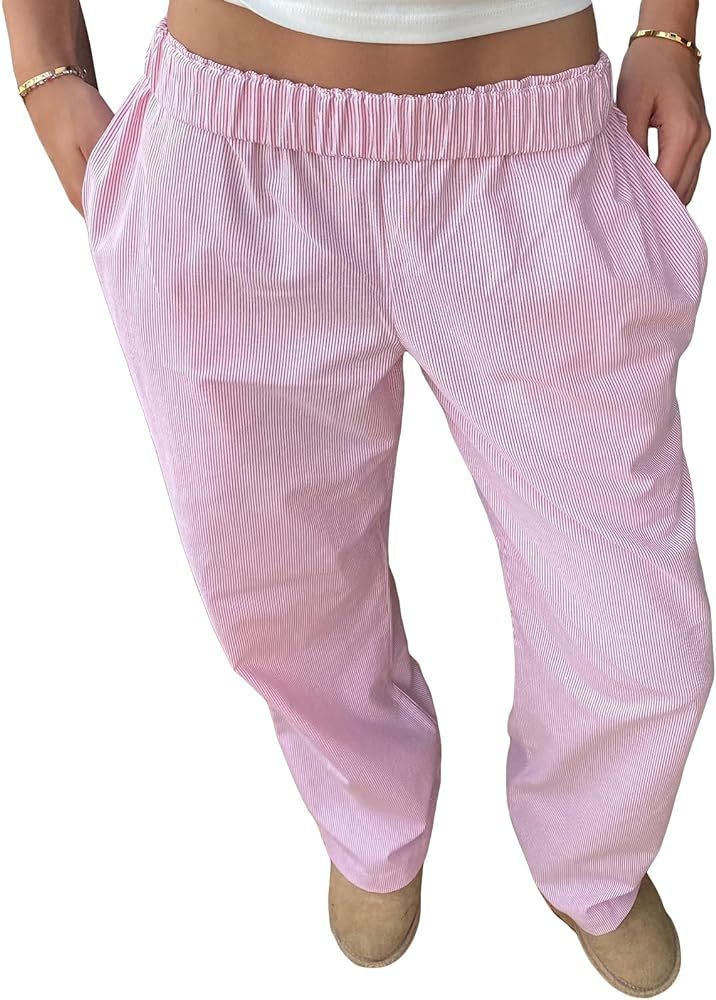 Women Y2k Stripe Print Long Pants Casual Loose Fit Elastic Waist Wide Leg Pants with Pockets Loun... | Amazon (US)