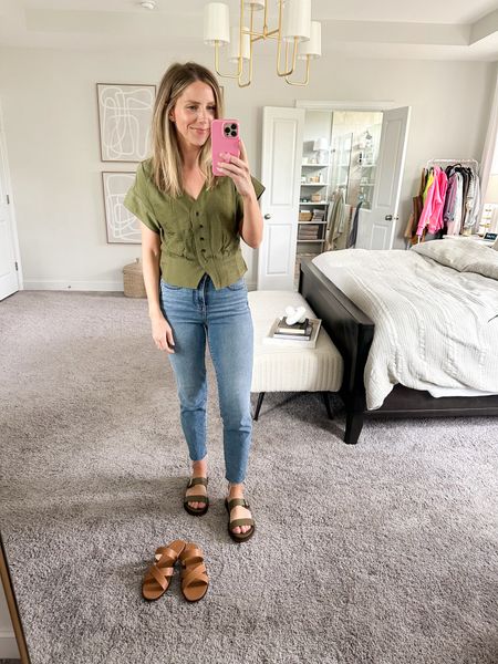 A few things I bought from Madewell recently. Wearing a small in the top. Sandals fit TTS! 