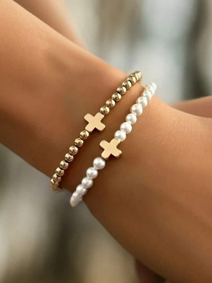 2pcs/Set Black Agate Cross & CCB Bracelet, Gift For Lovers Valentines | SHEIN