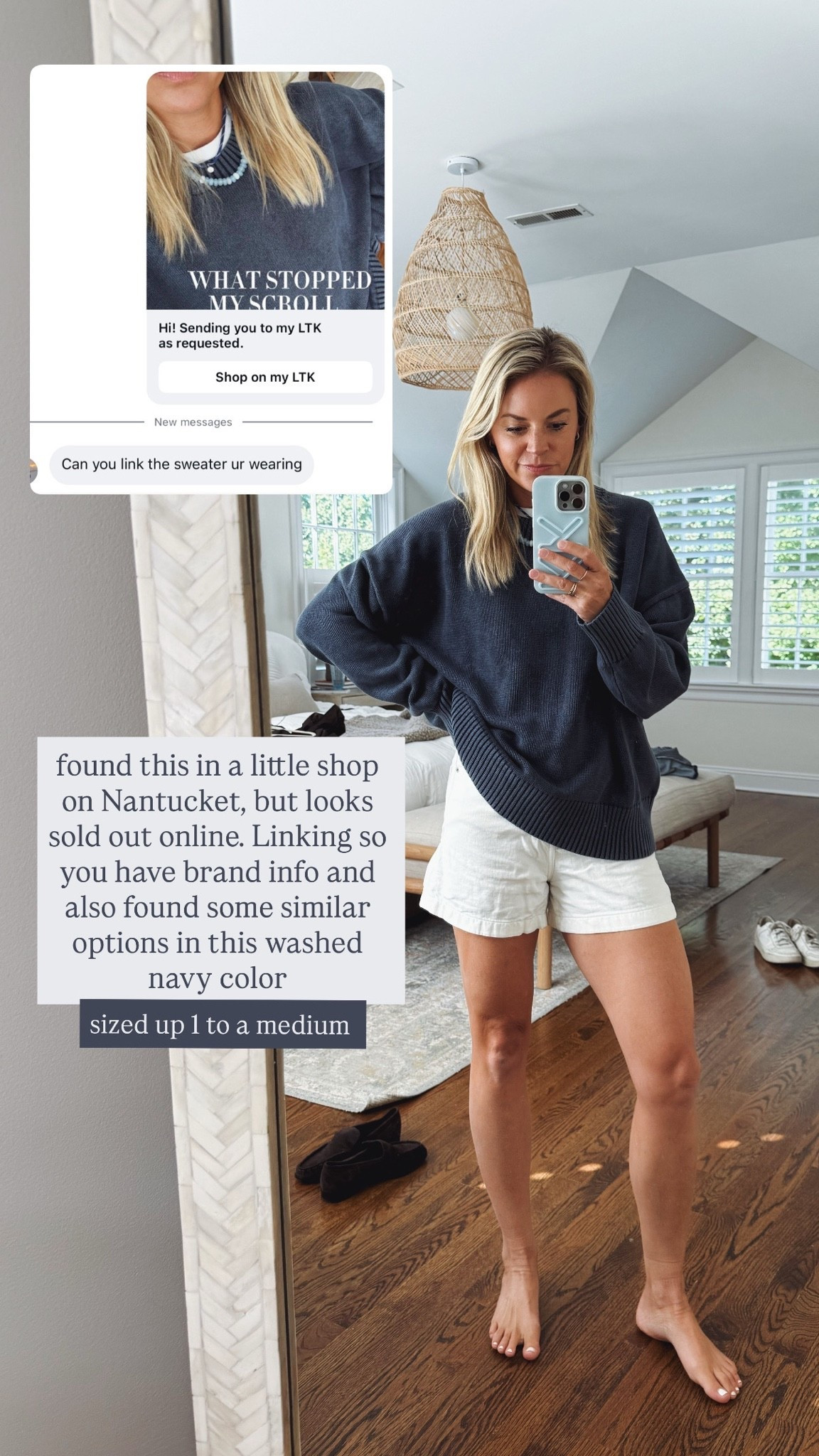 •found this sweater in Nantucket, but brand is Ellsworth + Ivey and it’s the Emery crewneck sweater in faded navy. I sized up 1 to a medium **also linked similar
•size 26 shorts/tts