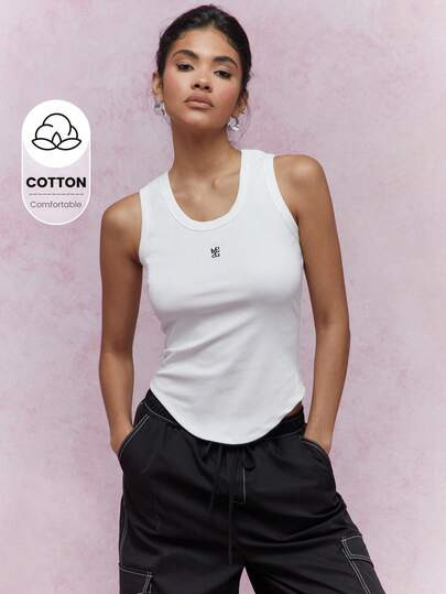 MISSGUIDED Street Embroidered Logo Ribbed Curved Hem Tank Top | SHEIN