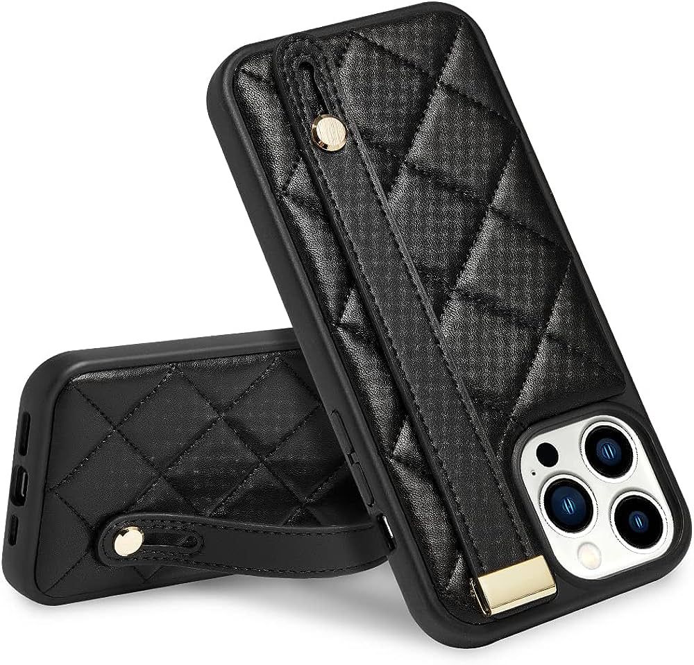 ZVE iPhone 14 Pro Max Quilted Leather Case with Kickstand & Strap - 5G 6.7 Inch - Black | Amazon (US)