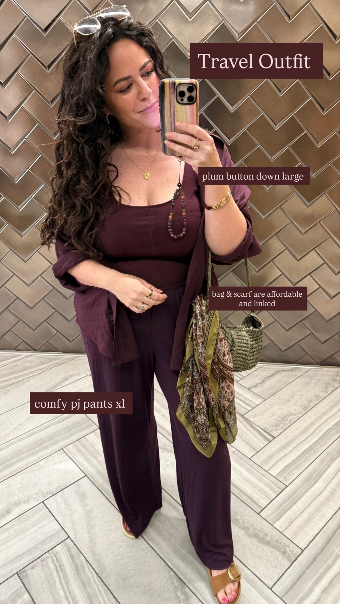 midsize travel outfit for a long flight to hawaii. 
target pj pants xl 
target green straw bag 
h&m scarf 
h&m linen blouse runs oversized wearing a large

#LTKOver40 #LTKMidsize #LTKTravel