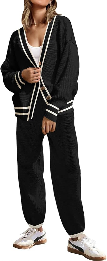 SAUKOLE Womens Two Piece Outfits Knit Sweater Sets Oversized Button Down Cardigan and Long Pants ... | Amazon (US)