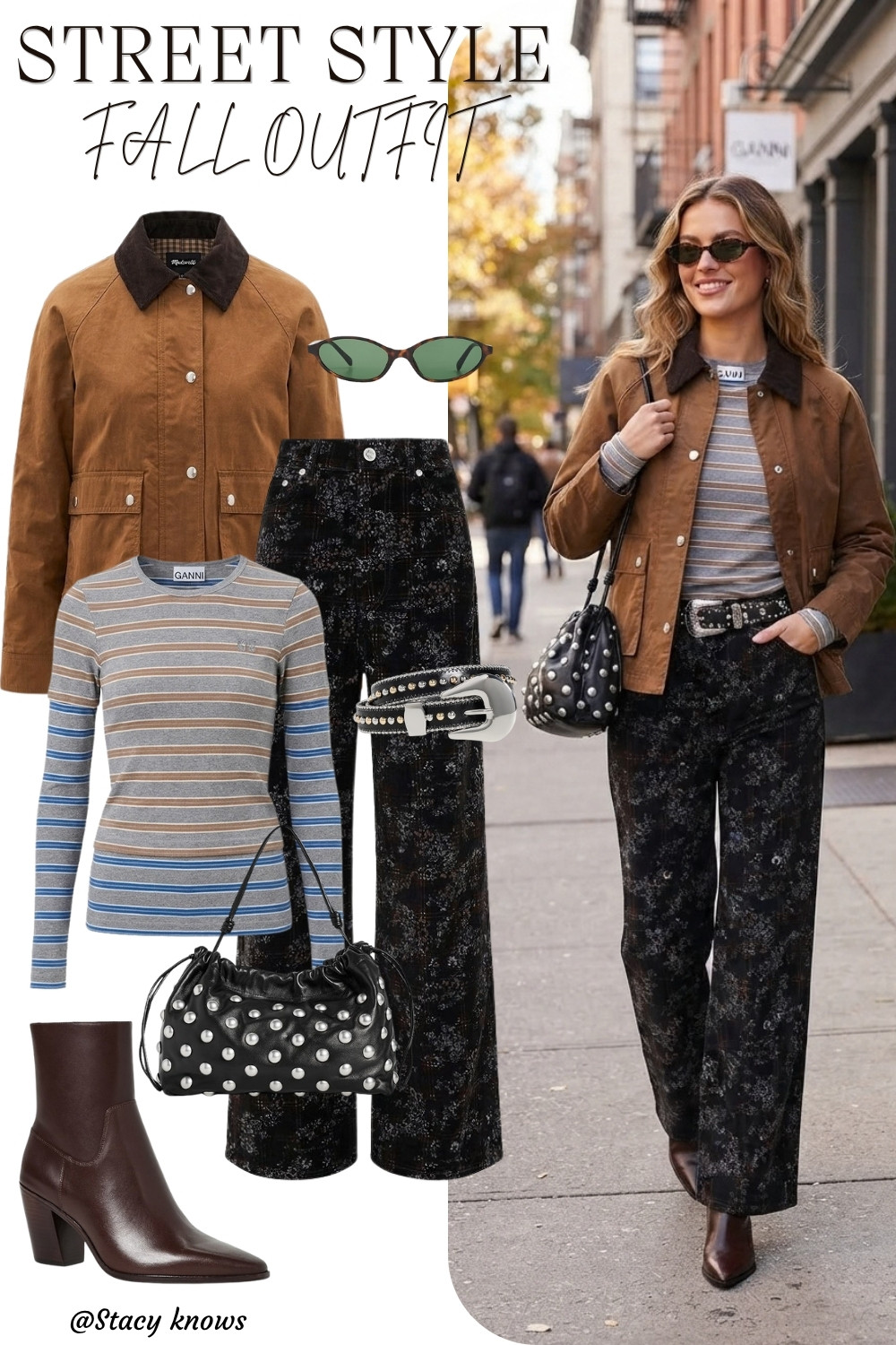 Elevate your autumn style with this chic, textured look!  Featuring a brown waxed-cotton jacket with a corduroy collar layered over a striped knit top. Paired with statement black floral wide-leg pants, a studded western belt, silver-studded black bag, and sleek brown ankle boots. Complete the outfit with tortoise sunglasses and gold hoops.
#LTKstyletip #FallFashion #FallOtd #WideLegPants #WesternBelt #CombatBoots #StreetStyle #AutumnVibes 

 #LTKgrwm #LTKootd #LTKSeasonal