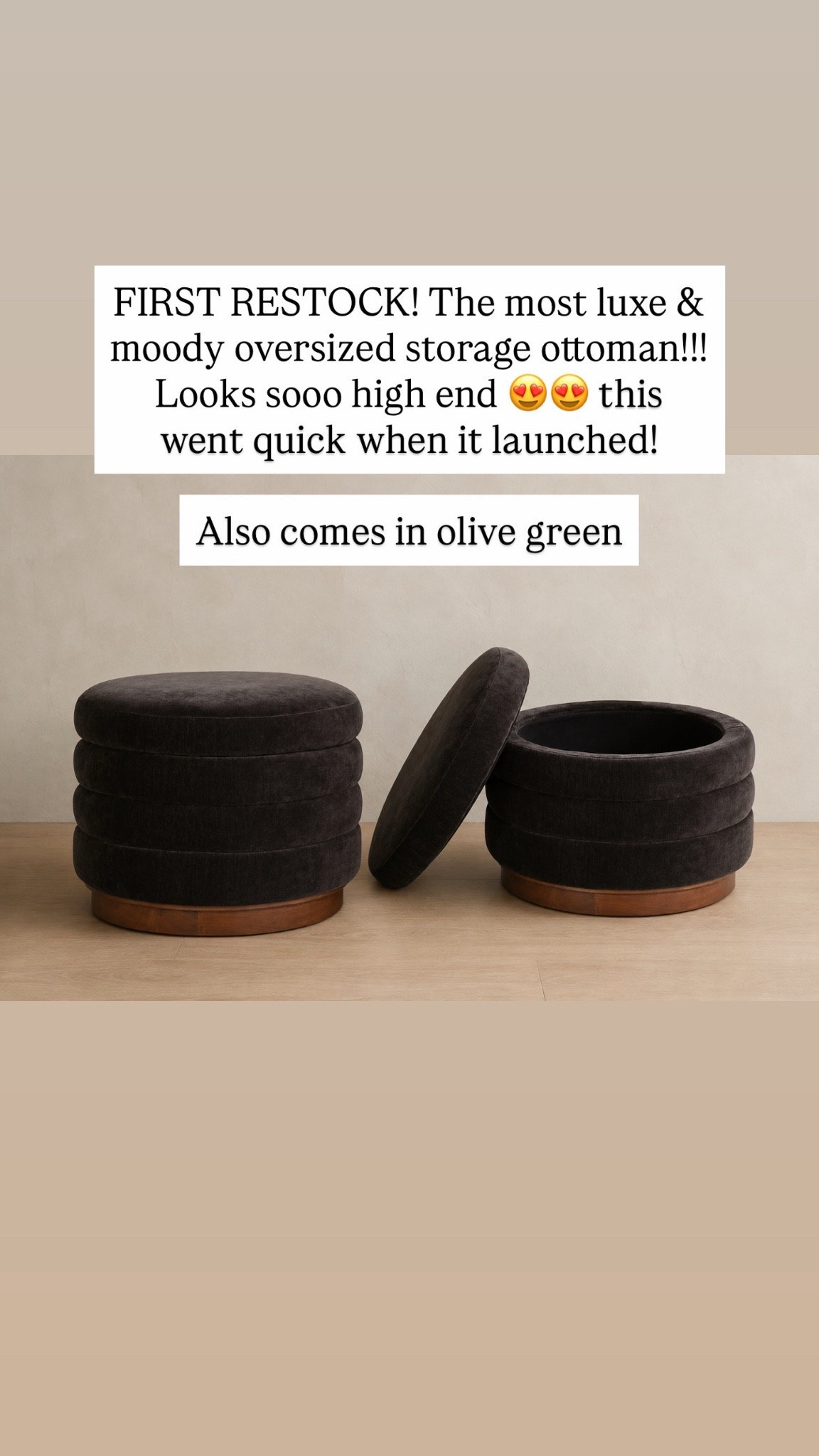 FIRST RESTOCK! The most luxe & moody oversized storage ottoman!!! Looks sooo high end 😍😍 this went quick when it launched!

Also comes in olive green