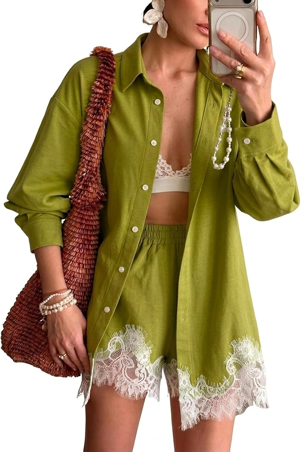Women's 2 Piece Outfits Lace Trim Button Down Shirt and Shorts Set PJS Set Blouse Lounge Set | Amazon (US)