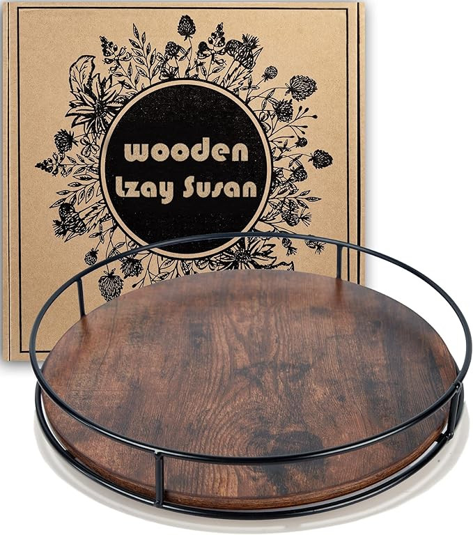 9 Inch Wood Lazy Susan Turntable for Table, Kitchen Rustic Brown Turntable Organizer with Steel F... | Amazon (US)