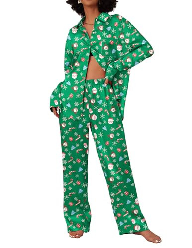 Ekouaer Womens Satin Silky Pajamas 2 Piece Animal Print PJs Fashion Lounge Sets Oversized Button Down Outfits with Pockets Green Christmas L | Amazon (US)