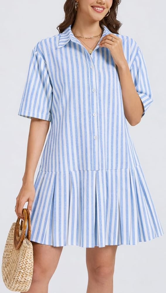 Ladyful Womens Short Sleeve Striped Shirt Dress Button Down Pleated Mini Dress Casual Summer Shor... | Amazon (US)