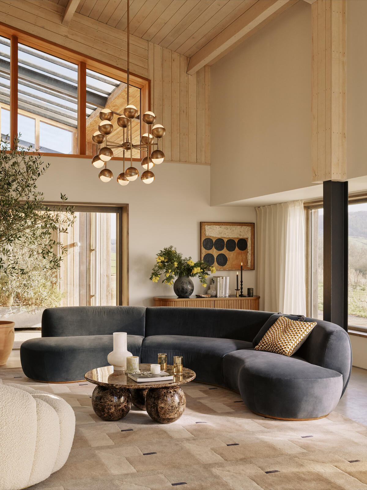 Aline Serpentine Sectional Sofa, Four Seater, Grey Blue Velvet, US - Soho Home | Soho Home Ltd