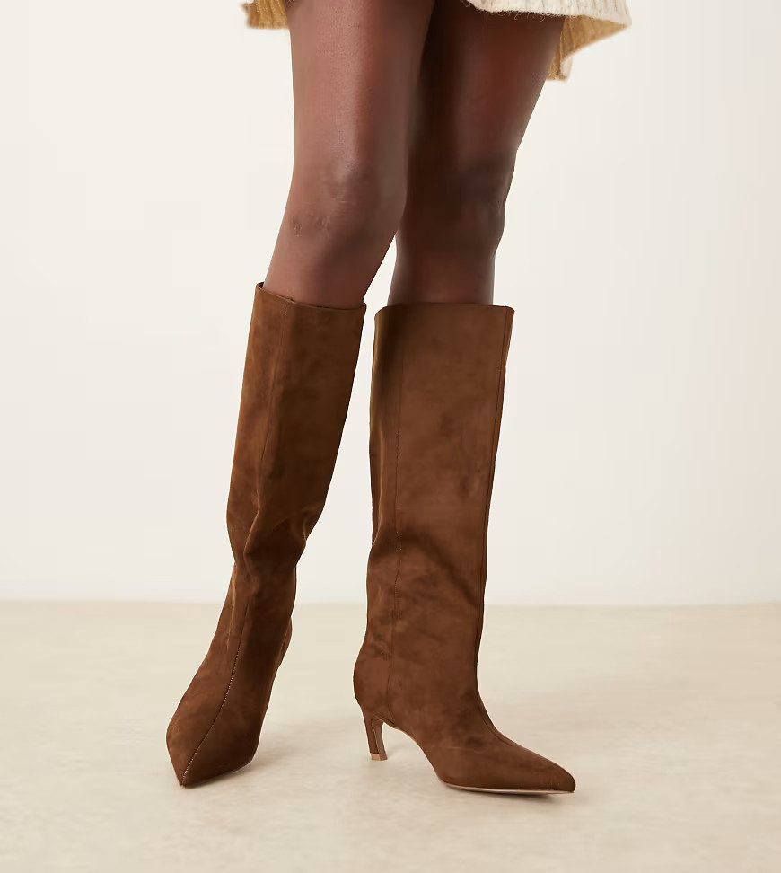 ASOS DESIGN Wide Fit Carmel pull-on kitten heeled knee boots in chocolate suedette-Brown | ASOS (Global)