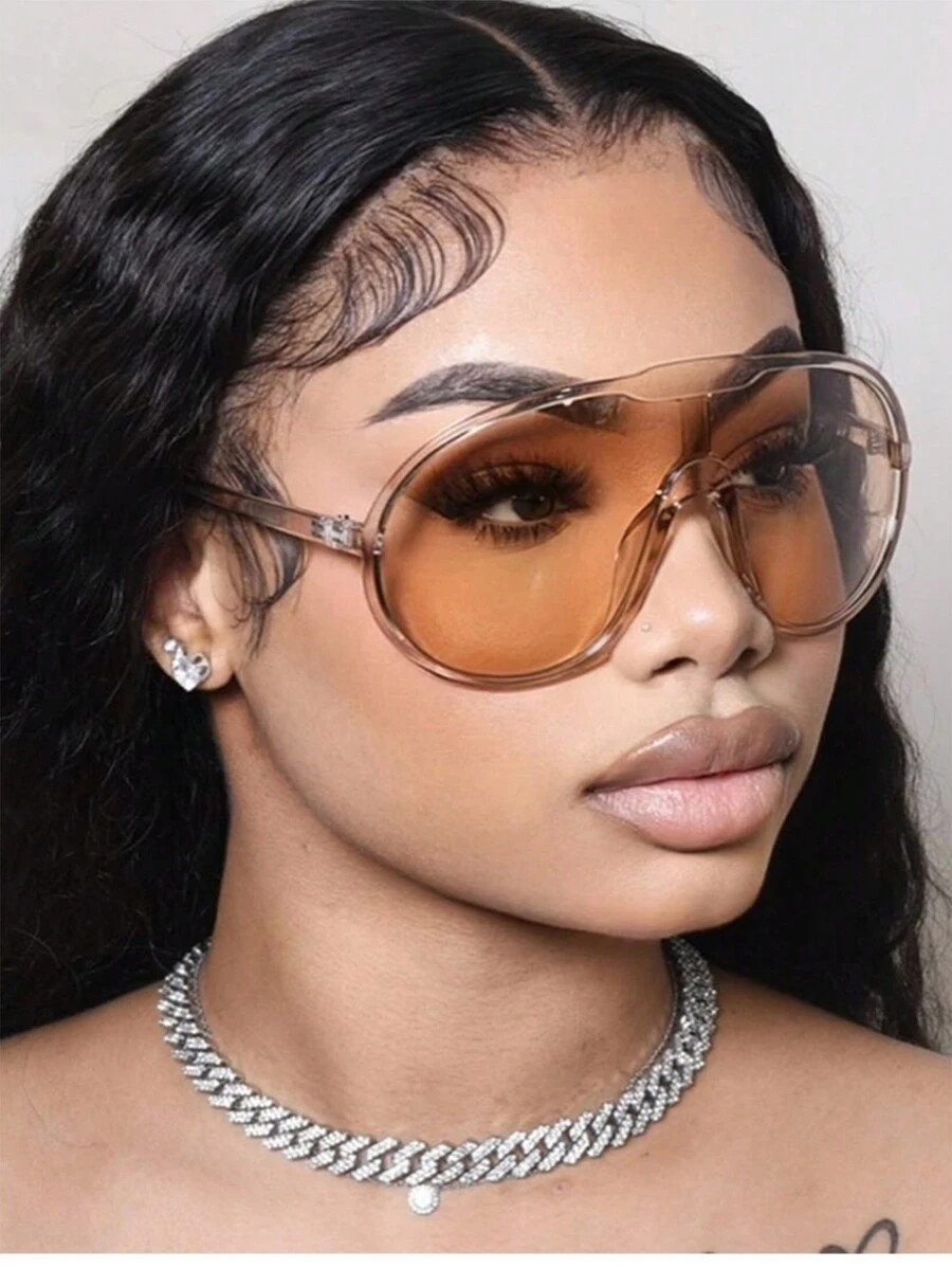 1pc Ladies' Transparent Tea-Colored PC Frame Oversized Wrap-Around Fashion Eyeglasses, Suitable F... | SHEIN