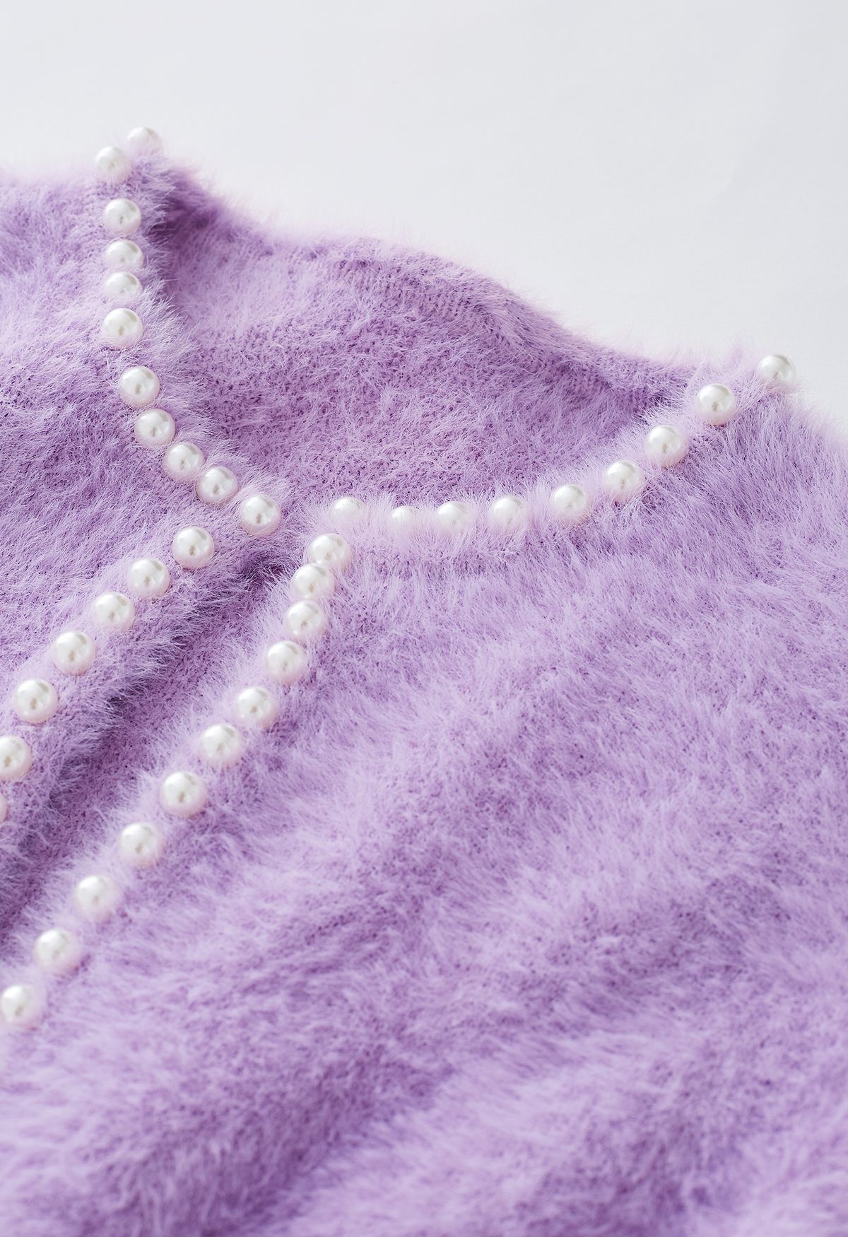 Open Front Pearly Fuzzy Knit Cardigan in Lilac | Chicwish