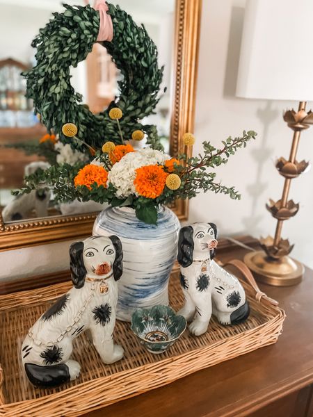 I’m behind this year and am just getting started with my fall decorations. Starting off with some pretty fall florals to welcome the weekend! 

Staffordshire dogs.  Grandmillennial. Vintage. Traditional home. Gold leaf lamps. Buffet lamps. Wicker tray. Ginger jar  

#LTKSeasonal #LTKHoliday #LTKhome