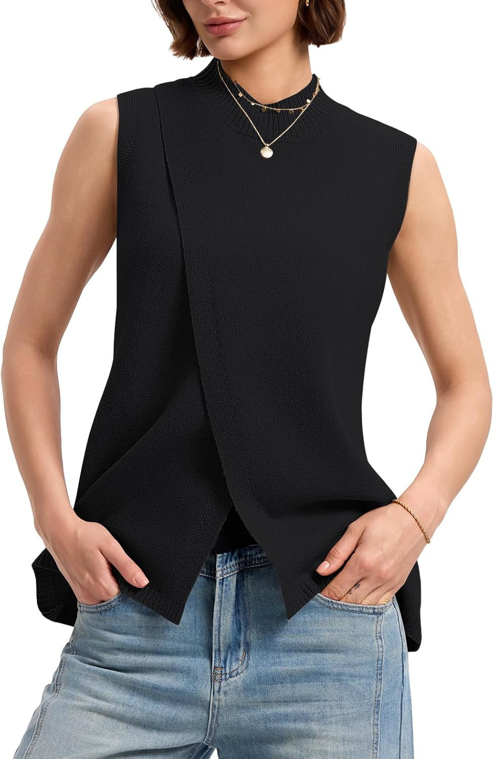 LOMON Womens Mock Neck Sweater Vest Slim Fit Side Split Sleeveless Pullover | Amazon (US)