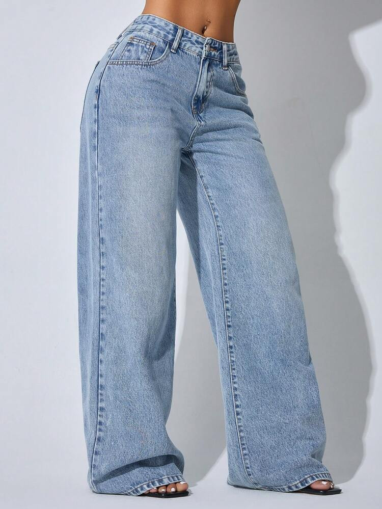 Low-Waist Wide-Leg Casual Blue Jeans With Slant Pockets, Autumn Clothing For Women | SHEIN