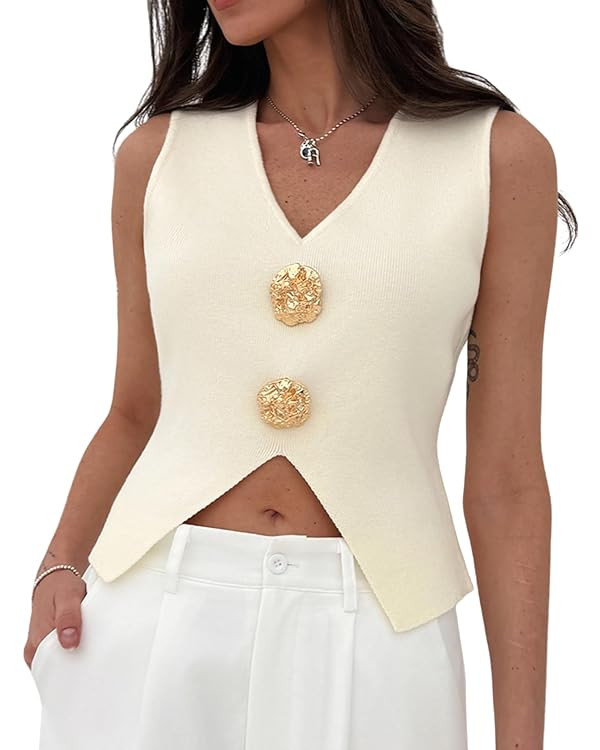 Verdusa Women's Split Old Money Sweaters V Neck Metal Asymmetrical Sleeveless Knit Tops | Amazon (US)