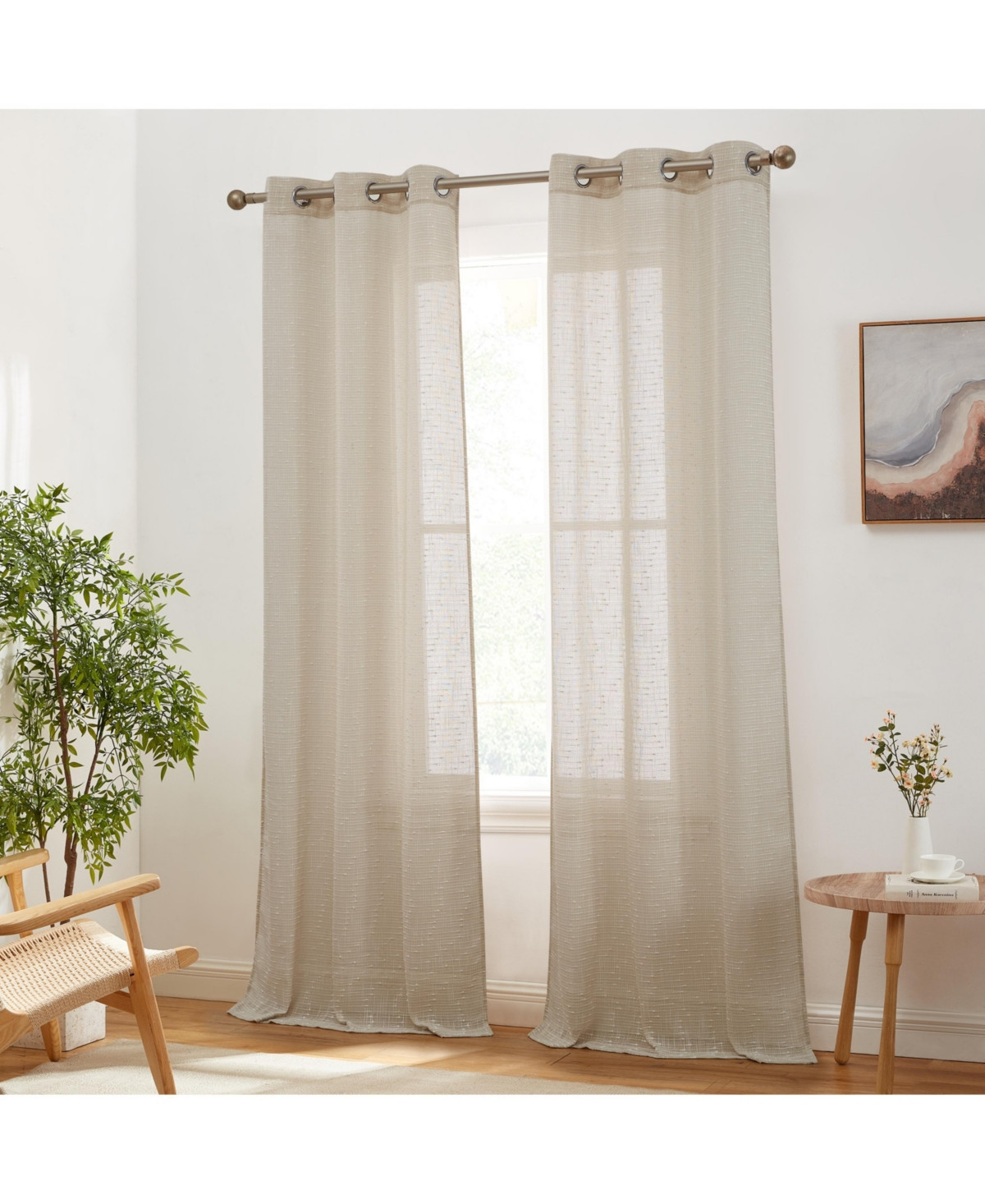 Hlc.me Emily Faux Linen Semi Sheer Light Filtering Transparent Grommet Lightweight Window Curtains Drapery Panels, 2 Panels - Beige | Macy's