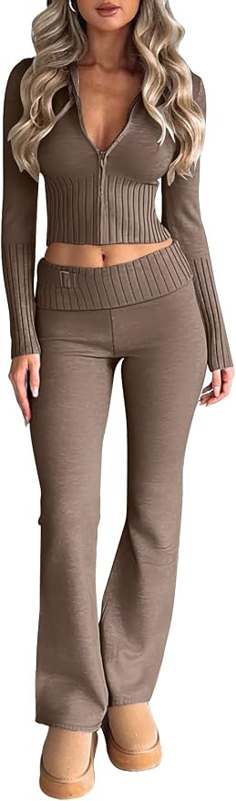 LILLUSORY 2 Piece Knit Sets Women's Trendy Slim Fit Hooded Sweatsuit Sets | Amazon (US)
