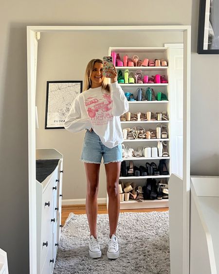 Easy spring outfit idea. Love this comfy casual crewneck  and denim shorts. Wearing 000R and S sweatshirt 

Use code HCOMCKENZIE for an extra 25% off your Hollister purchase 💗