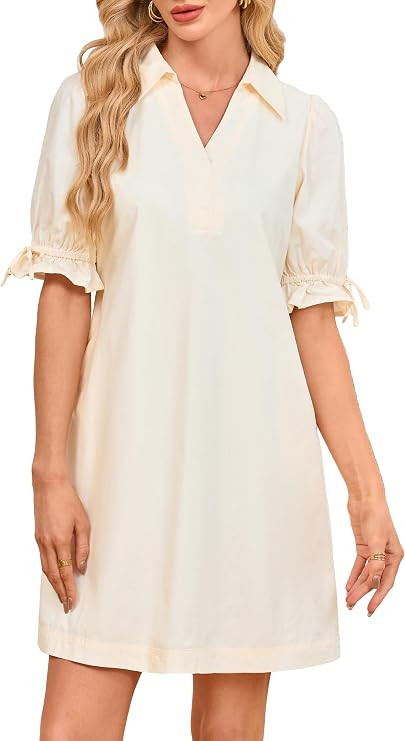 YEXPINE Womens Floral Striped Mini Dress Puff Sleeve Casual Summer Shift Dress V Neck Collared Tu... | Amazon (US)