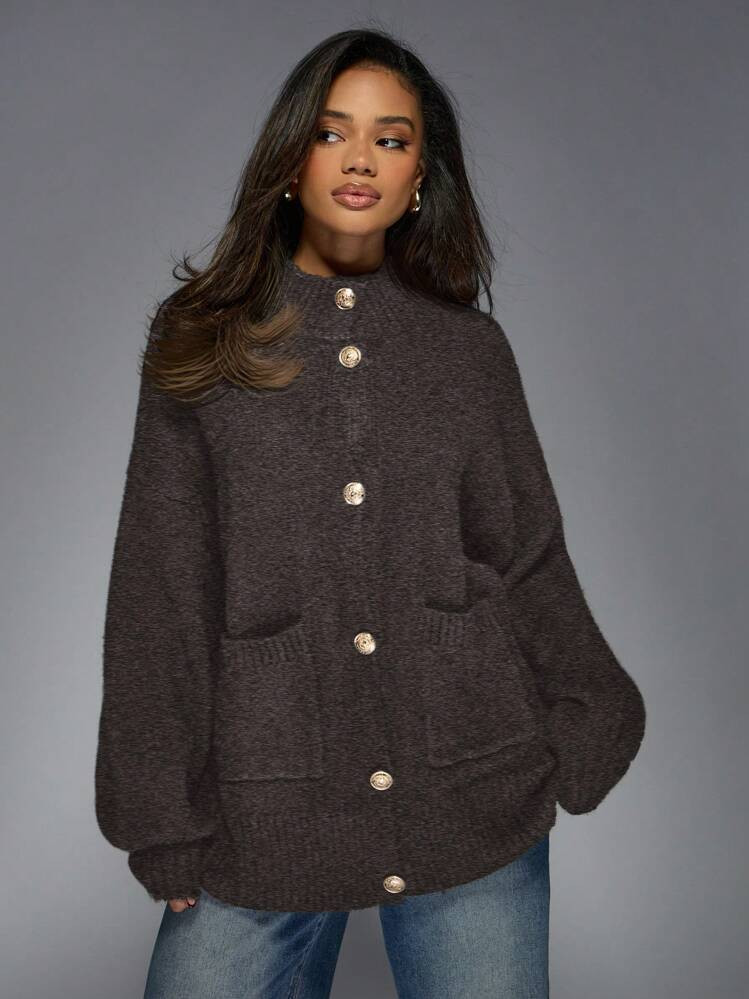 MISSGUIDED Knitted Gold Button Drop Shoulder Long Sleeves Cardigan | SHEIN