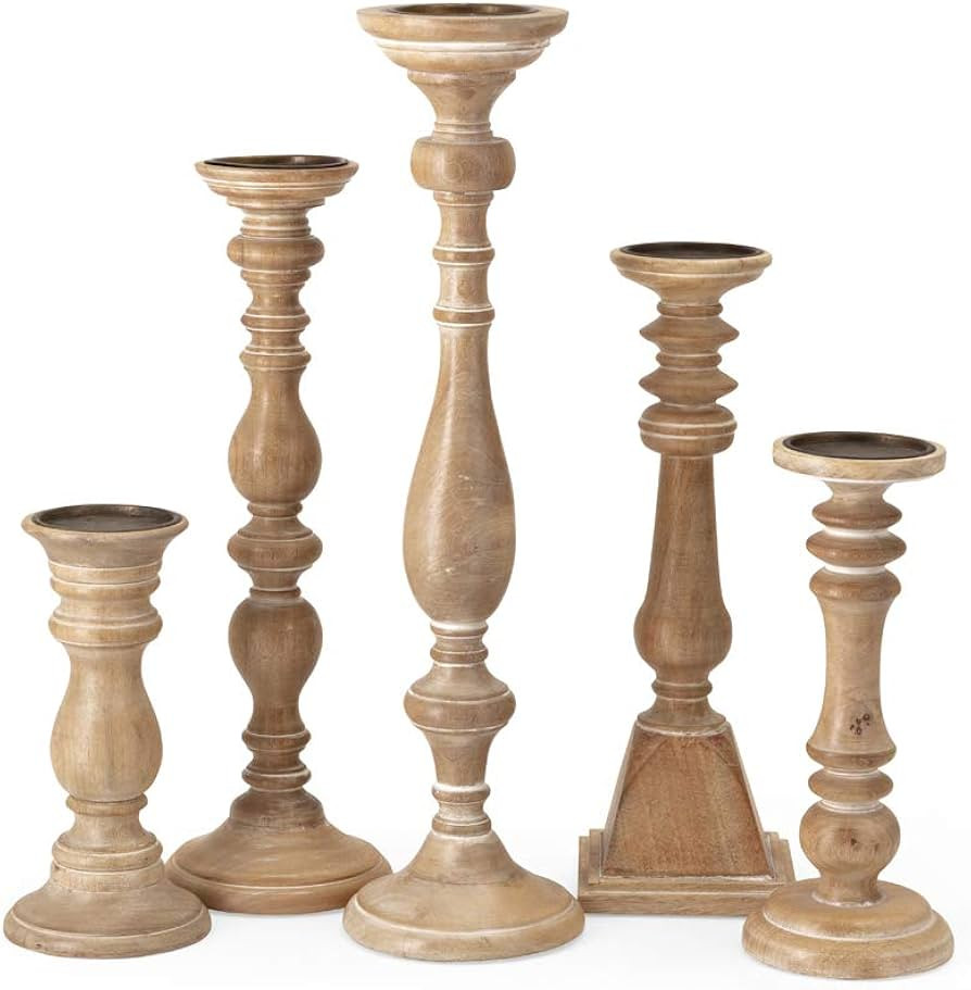IMAX Mason Natural Wash Wood Candleholders - Set of 5 Vintage Candle Stands - Home Decor Accessor... | Amazon (US)