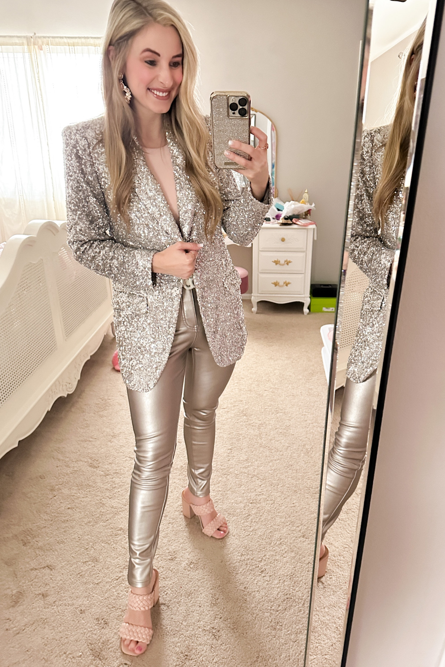 Express outfit! OOTD. Outfit of the day. Seattle trip. Outfit for the ballet. Sequin blazer, pink bodysuit, chrome metallic skinny jeans, pink block heels. Sparkly outfit. 

#LTKsalealert #LTKstyletip #LTKworkwear