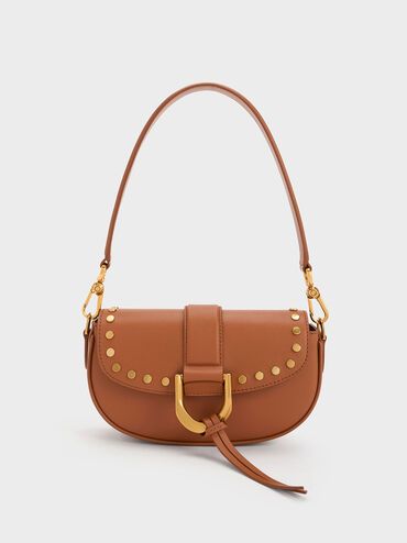 Brown Gabine Studded Leather Shoulder Bag | CHARLES & KEITH | Charles & Keith EU