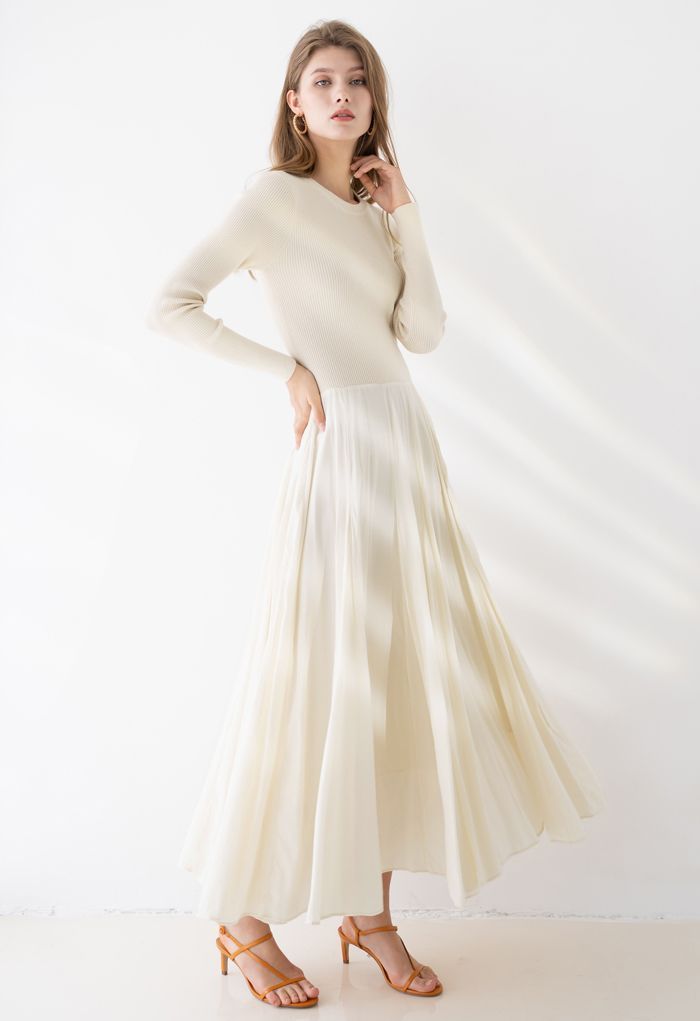 Knit Spliced Long Sleeves Maxi Dress in Cream | Chicwish