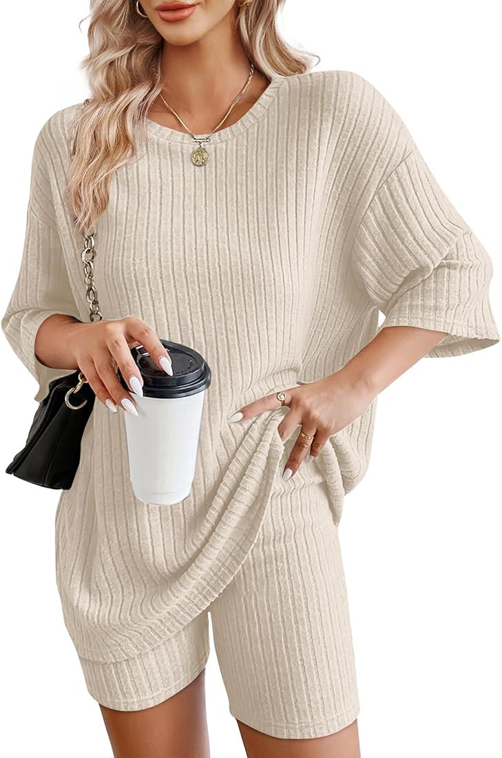 WIHOLL Two Piece Outfits for Women Short Sleeve V Neck Biker Shorts Set | Amazon (US)