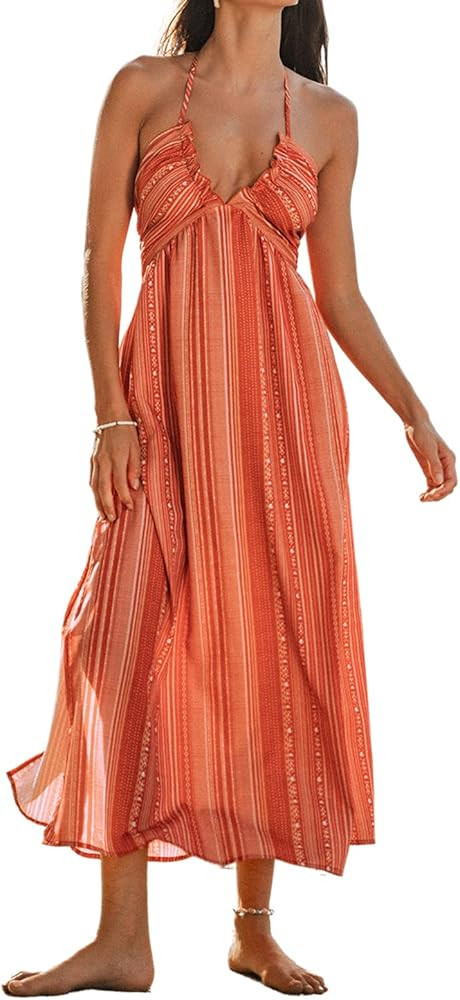 CUPSHE Women Backless Floral Summer Dress Plunging V Halter Neck Spaghetti Strap Ruffle Casual Be... | Amazon (US)